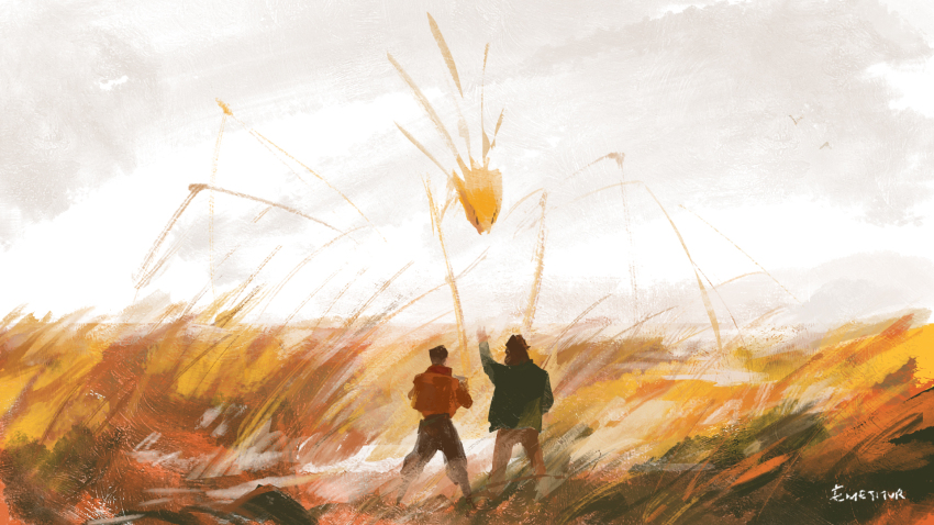 2boys brown_pants day disco_elysium emetitur facing_away field green_jacket harry_du_bois highres horizon insulindian_phasmid jacket kim_kitsuragi monster multiple_boys orange_jacket outdoors pants scenery signature sky spoilers standing white_sky wide_shot