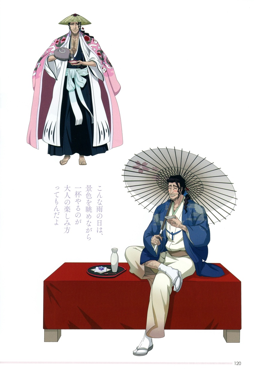 1boy absurdres alcohol bleach bleach:_brave_souls blush casual drunk dual_wielding eyepatch facial_hair full_body haori happy hat highres holding holding_umbrella japanese_clothes kimono kyouraku_shunsui looking_at_viewer manly multiple_views non-web_source official_art pectorals sake scan simple_background sitting standing taichou_haori translation_request umbrella weapon zanpakutou