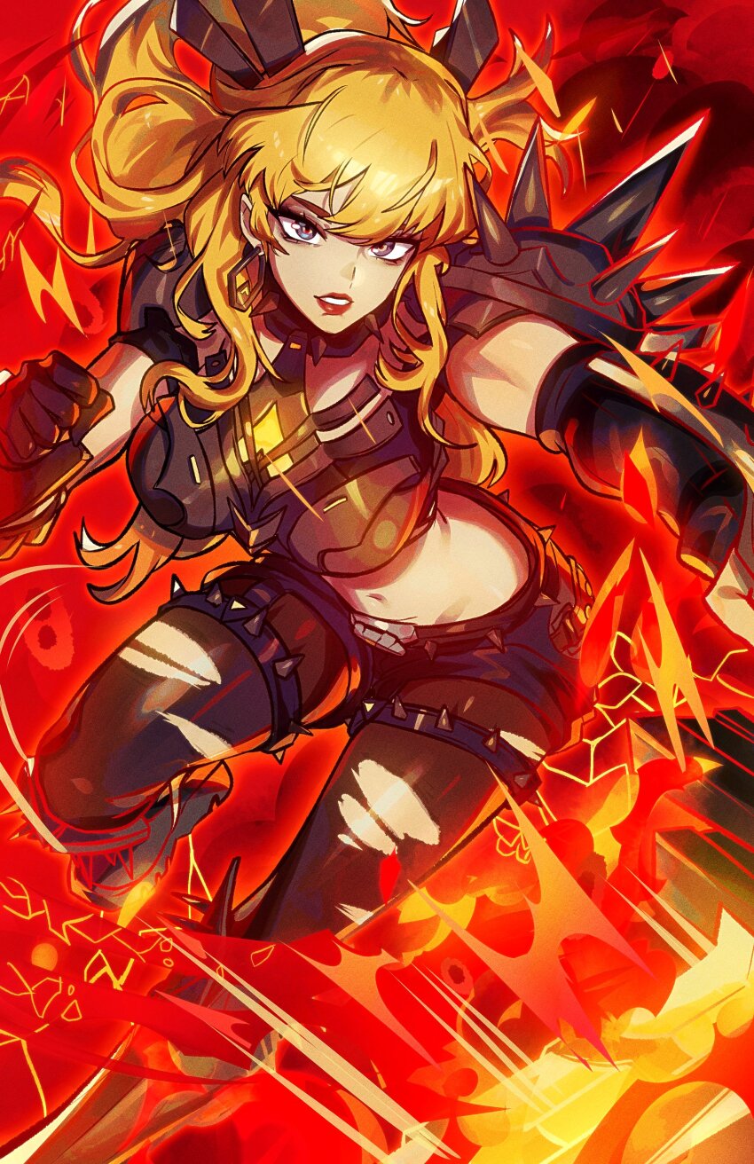 1girl absurdres black_gloves blonde_hair breasts elbow_gloves fire gloves highres long_hair looking_at_viewer magik_(x-men) marvel pantyhose ryairyai smile solo tagme thigh_strap torn_clothes torn_pantyhose x-men