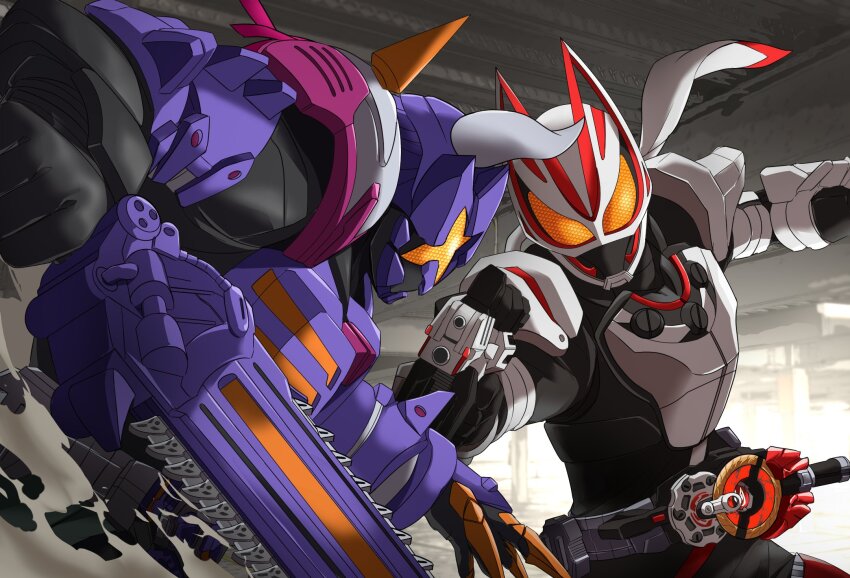 2boys armor battle black_bodysuit bodysuit buffalo chainsaw clash claw_(weapon) compound_eyes desire_driver rider_belt foreshortening fox from_side gun highres holding holding_gun holding_weapon horns id_core kamen_rider kamen_rider_buffa kamen_rider_geats kamen_rider_geats_(series) magnum_boost magnum_shooter_40x male_focus miyabi_(037) multiple_boys purple_armor raise_buckle rider_belt rivalry rivalry scarf shoulder_spikes spikes tokusatsu weapon white_armor white_scarf zombie zombie_breaker