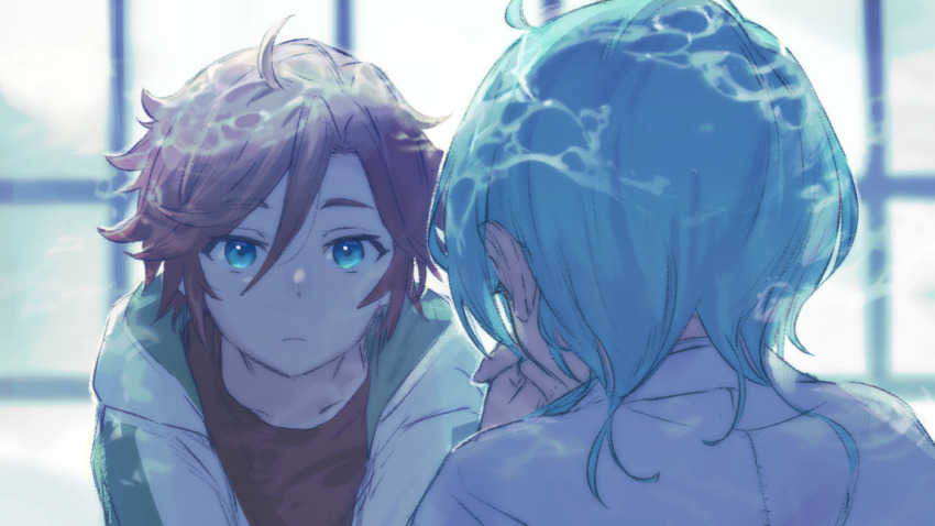 2boys aged_down ahoge aqua_eyes aqua_hair aqua_theme bishounen blur_layer brown_hair closed_mouth ensemble_stars! facing_another feathered_hair from_behind green_hoodie hair_between_eyes hands_up hood hood_down hoodie light_frown logi_bunbukucha looking_at_another male_focus medium_hair mikejima_madara mullet multiple_boys open_clothes open_hoodie own_hands_together parted_hair portrait red_hoodie shinkai_kanata shirt short_hair side_part t-shirt two-tone_hoodie white_hoodie white_shirt window