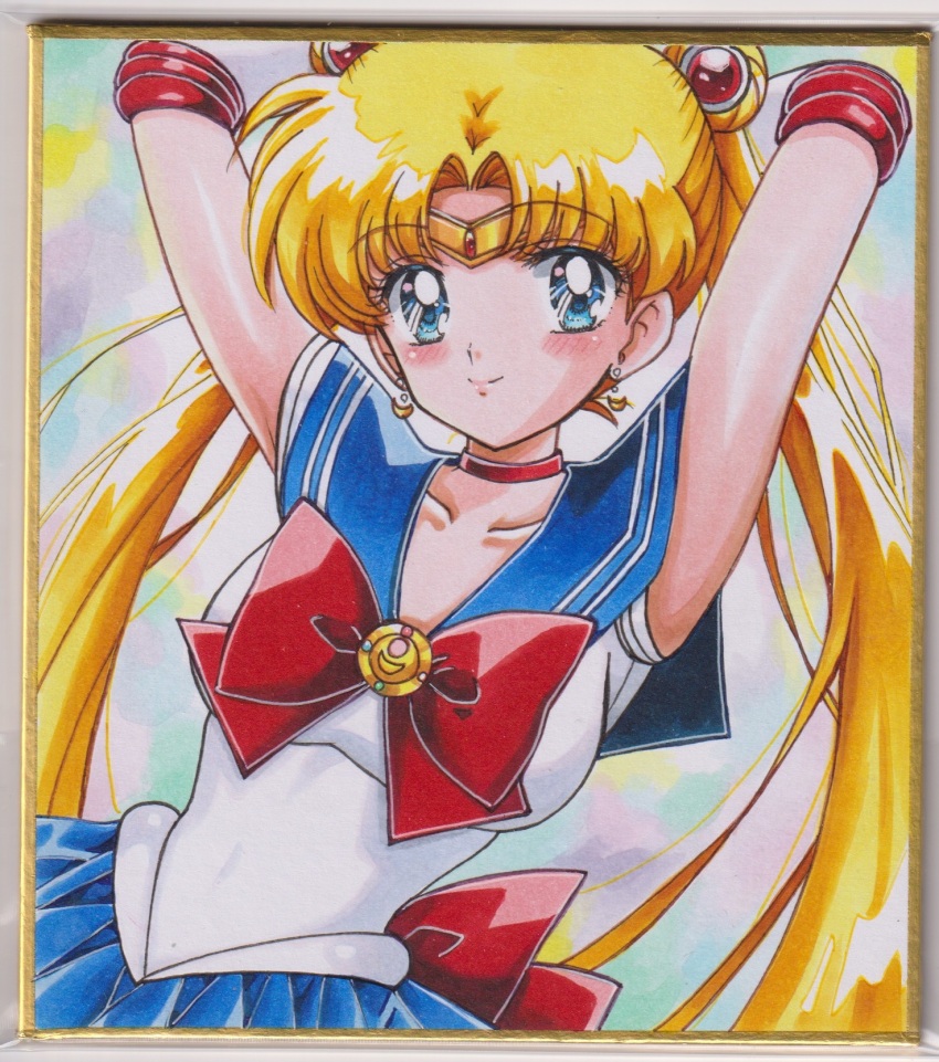 1girl bishoujo_senshi_sailor_moon blonde_hair blue_eyes blue_sailor_collar blue_skirt bow breasts choker collarbone double_bun earrings elbow_gloves gloves hair_bun hair_ornament highres jewelry long_hair looking_at_viewer magical_girl open_mouth red_bow red_choker sailor_collar sailor_moon sailor_senshi_uniform skirt smile solo tsukino_usagi twintails user_kztc4472 white_gloves