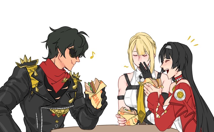 1boy 2girls astra_yao bare_shoulders black_gloves black_hair blonde_hair breasts burger closed_eyes commentary eating english_commentary evelyn_chevalier food gloves highres holding holding_burger holding_food lighter_(zenless_zone_zero) long_hair lycanheiress multiple_girls musical_note notice_lines open_mouth red_scarf scarf simple_background sleeveless smile spiked_jacket sunglasses white_background zenless_zone_zero