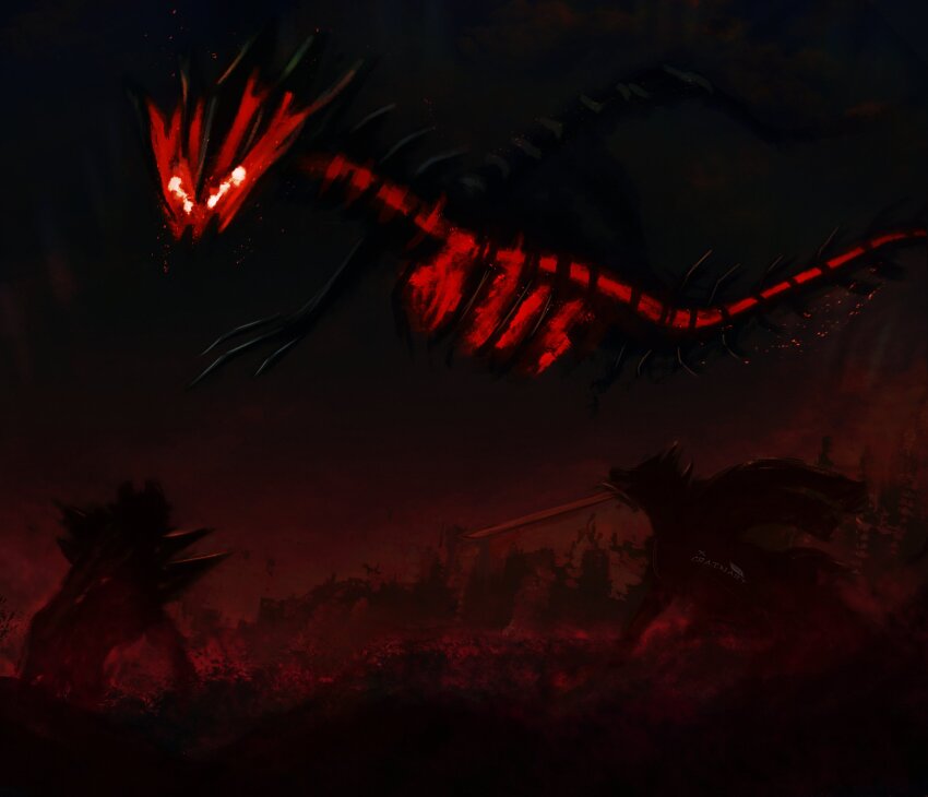 absurdres black_sky cape commentary crain1art dragon english_commentary eternatus floating_cape flying gen_8_pokemon glowing glowing_eyes highres holding holding_sword holding_weapon legendary_pokemon nintendo people pokemon pokemon_(creature) sky sword weapon zacian zamazenta