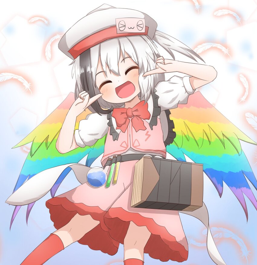 1girl belt black_hair book collared_dress coruthi dress feathered_wings hat highres hollow_song_of_birds long_hair multicolored_hair neck_ribbon rainbow_wings ribbon solo torisumi_horou touhou two-tone_hair very_long_hair white_hair wings yellow_eyes