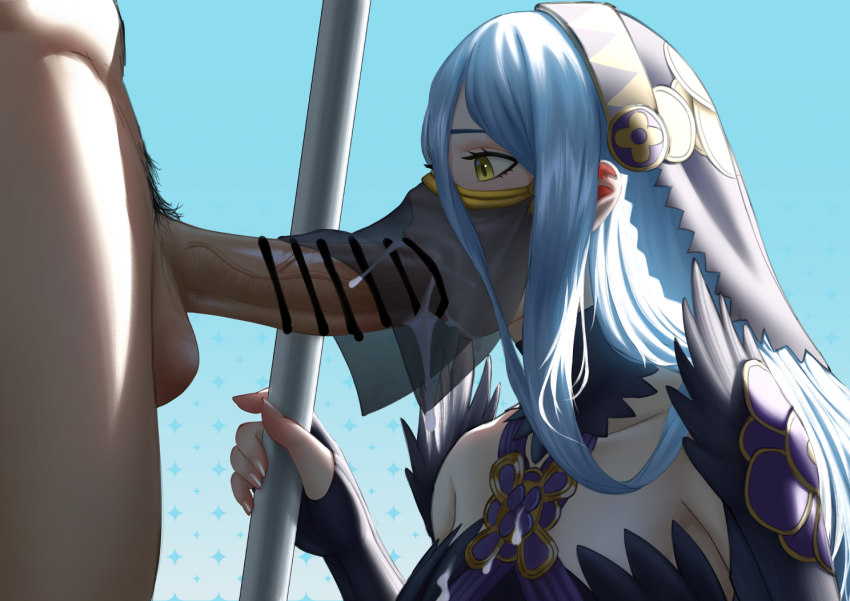1boy 1girl azura_(fire_emblem) azura_(lady_of_ballads)_(fire_emblem) bar_censor blue_hair breasts censored covered_mouth cum cum_in_mouth cum_on_body cum_on_breasts cum_on_upper_body cumdrip ejaculation erection fellatio fellatio_under_mask fingerless_gloves fire_emblem gloves has_uncensored_version headdress hetero jornyhail mask mouth_mask mouth_veil nintendo open_mouth oral penis pubic_hair staff veil veins veiny_penis yellow_eyes
