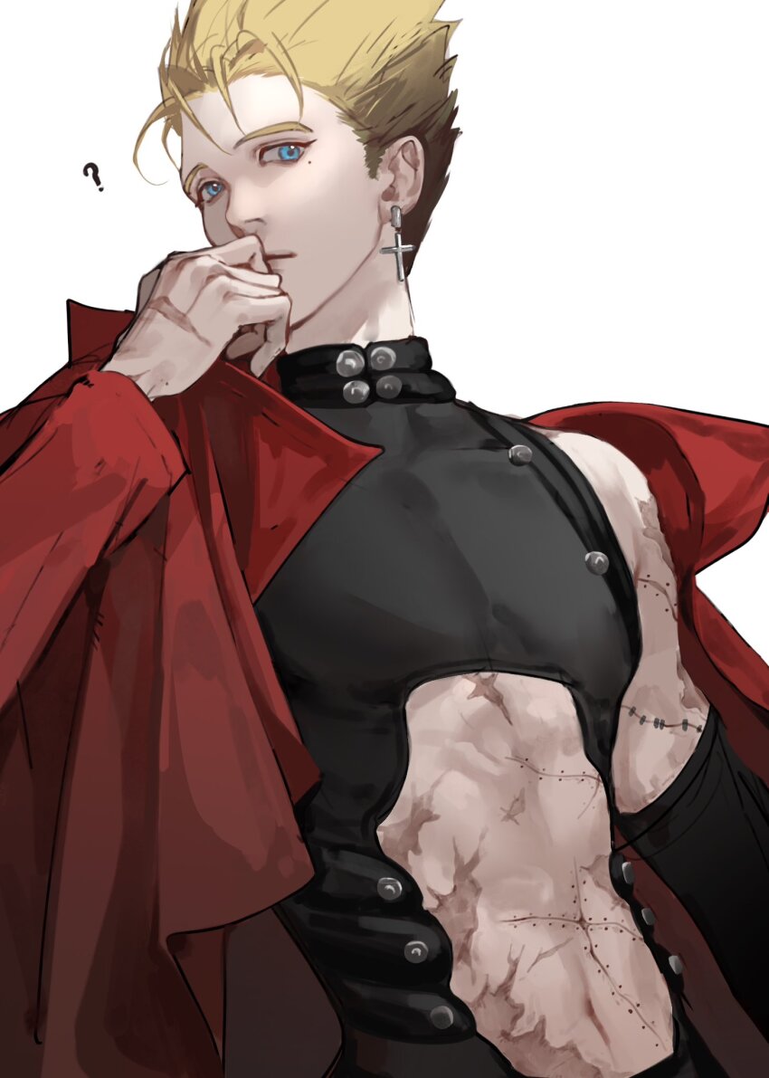 1boy ? abs arm_warmers blonde_hair blue_eyes center_opening coat collared_shirt cross detached_sleeves earrings facing_to_the_side highres jewelry loaoo81282312 looking_at_viewer male_focus multicolored_hair red_coat scar scars_all_over shirt simple_background skin_tight too_many trigun trigun_maximum two-tone_hair upper_body vash_the_stampede white_background