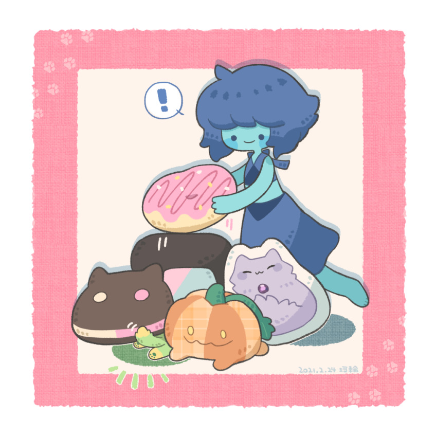 ! 1girl amethyst_(steven_universe) blue_hair blue_skin blue_skirt character_cookie closed_mouth colored_skin dated donut drop_shadow food garnet_(steven_universe) holding holding_donut holding_food karin_(100100) lapis_lazuli_(steven_universe) pawpads pink_background pumpkin_(steven_universe) short_hair signature skirt smile solo spoken_exclamation_mark steven_universe
