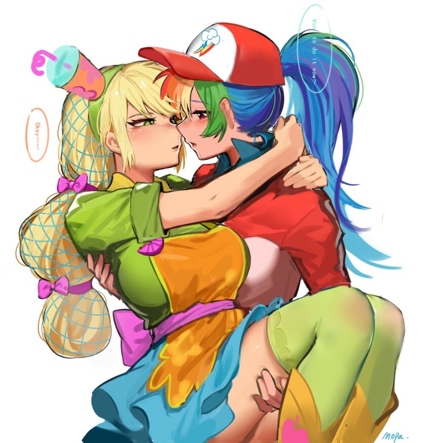 2girls alternate_skin_color applejack applejack_(equestria_girls) apron arms_around_neck back_bow baseball_cap belt blonde_hair blue_hair blue_skirt boots bow breasts brown_boots carrying carrying_person collared_shirt cup cutie_mark drinking_straw face-to-face feet_out_of_frame freckles green_eyes green_hair green_hairband green_shirt green_thighhighs hair_net hairband hashtag-only_commentary hat high_ponytail highres kewoshixiaodaia knee_boots knees_up large_breasts long_hair miniskirt multi-tied_hair multicolored_hair multiple_girls my_little_pony my_little_pony:_equestria_girls my_little_pony:_friendship_is_magic official_alternate_hairstyle orange_apron orange_hair parted_lips pink_belt pink_bow pink_eyes ponytail princess_carry purple_hair rainbow_dash rainbow_dash_(equestria_girls) rainbow_hair red_hair red_hat shirt short_sleeves simple_background skirt streaked_hair swept_bangs thighhighs upper_body white_background yuri zettai_ryouiki