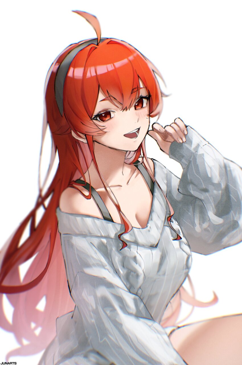 1girl ahoge alternate_costume artist_name black_hairband blush bra bra_peek breasts cleavage collarbone commentary eris_greyrat hair_between_eyes hairband hand_up highres junarts long_hair long_sleeves looking_at_viewer mushoku_tensei off-shoulder_sweater off_shoulder open_mouth red_eyes red_hair ribbed_sweater simple_background sitting smile solo sweater underwear very_long_hair white_background white_sweater