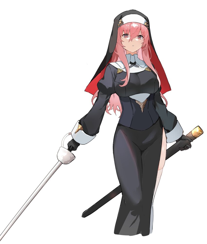 1girl absurdres black_dress black_veil breasts brown_eyes coif dress habit highres holding holding_sheath holding_sword holding_weapon long_hair long_sleeves looking_at_viewer medium_breasts mole mole_under_eye nun original parted_lips pink_hair ryou_(ponpgo) sheath sidelocks simple_background solo sword thighhighs unsheathed veil weapon white_background white_thighhighs