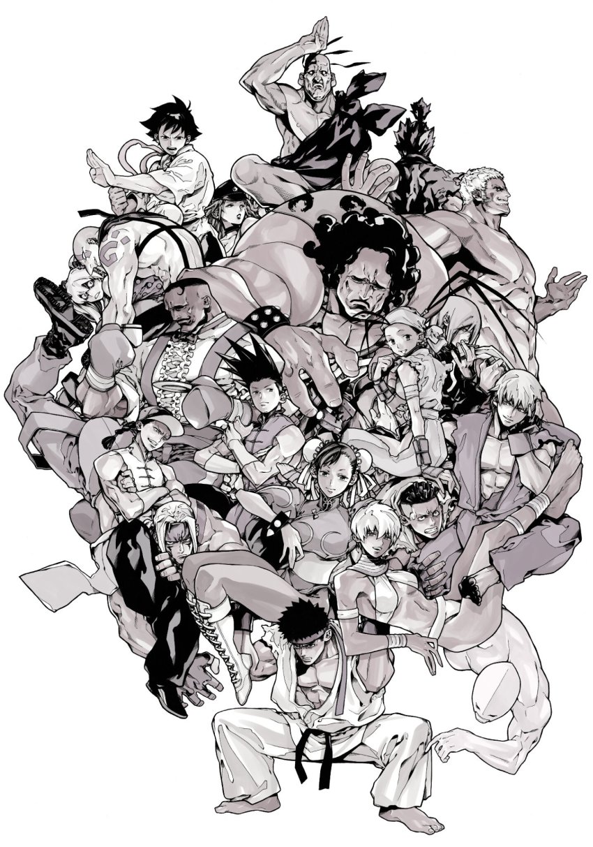 6+boys 6+girls abs akuma_(street_fighter) alex_(street_fighter) armlet bandana barefoot baseball_cap bikini black_sclera boxing_gloves bracelet breasts bridal_gauntlets brothers bun_cover capcom china_dress chinese_clothes choker chun-li clenched_hand colored_sclera colored_skin couple crossed_arms cup dark_skin double_bun dougi dress dudley effie_(street_fighter) elena_(street_fighter) everyone facial_hair fighting_stance fingerless_gloves gill_(street_fighter) gloves greyscale hair_bun hat headband highres hip_vent hugo_andore ibuki_(street_fighter) jewelry ken_masters lifting_person makoto_(street_fighter) medium_breasts monochrome multiple_boys multiple_girls muscular mustache neck_ring necro_(street_fighter) ninja overalls pantyhose peaked_cap pectorals poison_(final_fight) q_(street_fighter) red_eyes ryu_(street_fighter) sash saucer scar sean_matsuda siblings sleeveless street_fighter street_fighter_iii_(series) swimsuit tangzhuang tank_top tattoo teacup twelve_(street_fighter) twins twintails underboob undercut urien very_dark_skin yang_lee yoshihara_motoki yun_lee