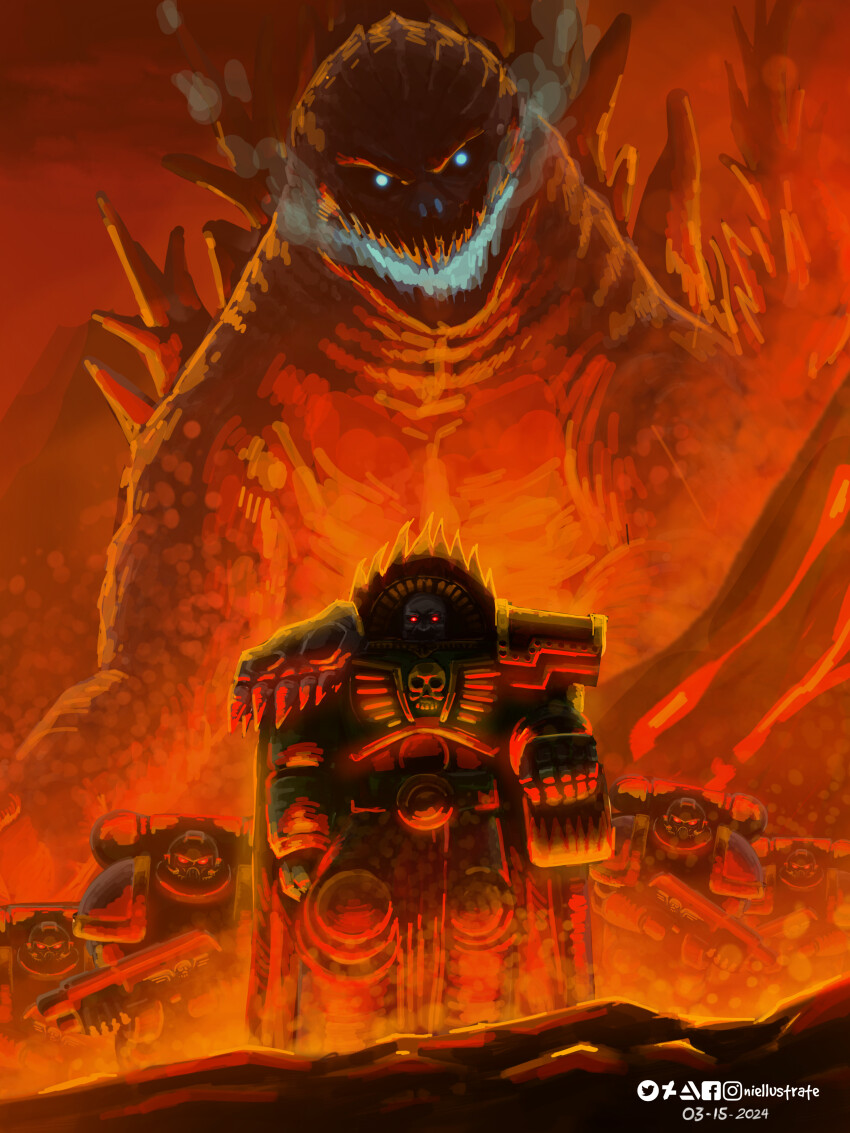 2024 6+boys absurdres adeptus_astartes armor artist_name bioluminescence blue_eyes breastplate crossover dated deviantart_username fantasy gauntlets giant giant_monster glowing glowing_mouth godzilla godzilla_(series) greaves green_armor highres holding holding_sword holding_weapon instagram_username kaiju monster multiple_boys niellustrate open_mouth ornate_armor pauldrons power_armor primarch red_eyes salamanders_(warhammer) science_fiction sharp_teeth shoulder_armor skull_ornament spines sword tail teeth toho twitter_username vulkan warhammer_40k weapon