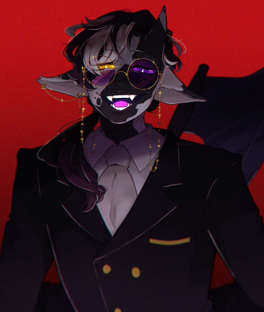 1boy androgynous axe bishounen black_coat black_hair buttons coat collared_shirt colored_skin commentary dream_smp english_commentary eyewear_strap fangs glasses heterochromia highres holding holding_axe jellilyy long_hair male_focus minecraft_youtube multicolored_hair open_mouth ponytail purple_eyes ranbob red_background round_eyewear shirt smile solo tales_from_the_smp teeth white_hair white_shirt yellow_eyes