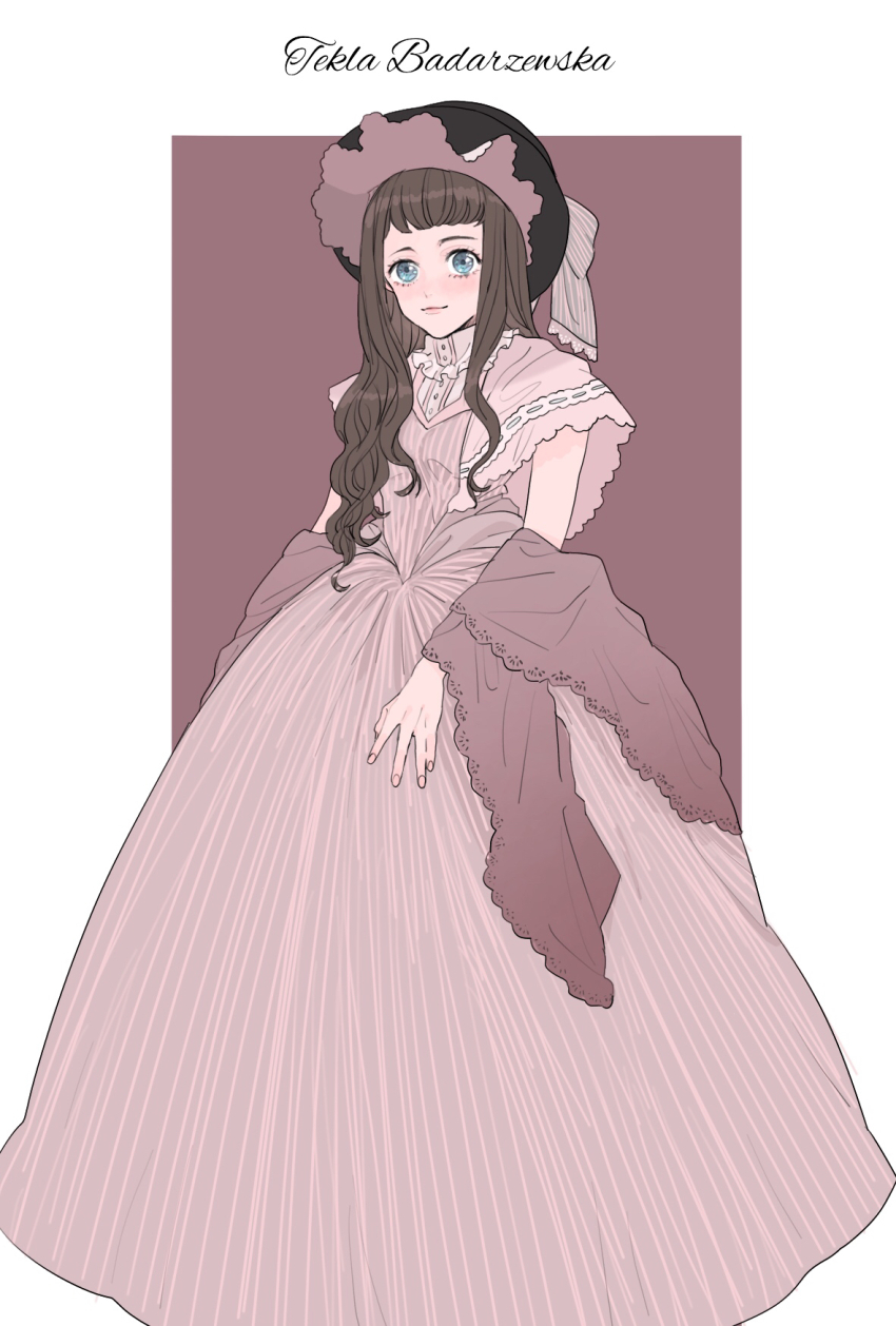 1girl black_hat blue_eyes blunt_bangs border brown_hair character_name classicaloid closed_mouth dress eyelashes fingernails hair_ribbon hat highres kishi_(hennmi210) long_hair looking_at_viewer purple_dress ribbon short_sleeves solo tekla_badarzewska-baranowska_(classicaloid) white_border