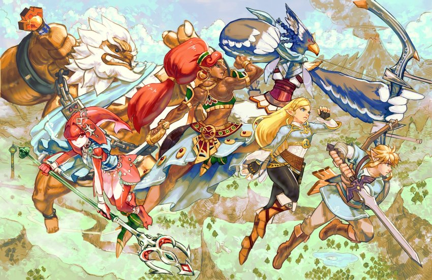 3boys 3girls beard black_eyes blonde_hair blue_eyes boots bow bracelet braid breasts chain choker cloud commentary daruk facial_hair feathers fingerless_gloves flat_chest french_braid gloves goron halterneck high_heels jewelry jumping landscape link mipha multiple_boys multiple_girls muscular muscular_female nintendo pointy_ears polearm ponytail princess_zelda red_hair revali rich_s rito short_hair skirt sky small_breasts spear sword the_legend_of_zelda the_legend_of_zelda:_breath_of_the_wild thick_eyebrows trident tunic urbosa volcano weapon white_background yellow_eyes zora