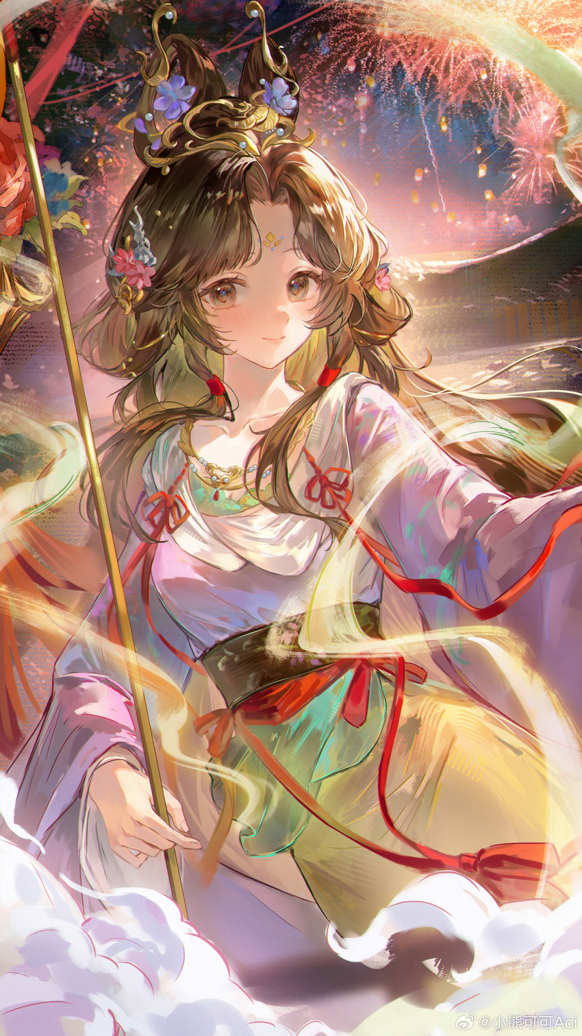 1girl absurdres black_eyes black_hair closed_mouth cloud collarbone facial_mark feixianji_(hairstyle) fireworks flower forehead_mark hagoromo hair_flower hair_ornament highres holding holding_lantern huadian jiu_niangzi jiu_niangzi_(blossom_spring_fairy) lantern long_hair looking_at_viewer night night_sky official_alternate_costume parted_bangs pink_flower purple_flower purple_hanfu reverse:1999 shawl skirt sky smile solo upper_body watermark weibo_watermark xiao_xiong_keke_aoi yellow_skirt