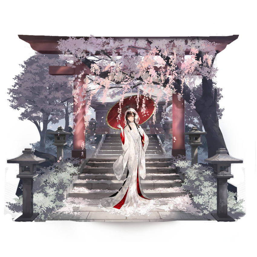 1girl architecture artist_request black_hair check_artist cherry_blossoms dress east_asian_architecture falling_petals fence full_body game_cg girls&#039;_frontline girls&#039;_frontline_neural_cloud gloves guagua0313 highres hood hood_up japanese_clothes kimie_(neural_cloud) kimono official_alternate_costume official_art open_clothes open_kimono petals pink_eyes shrine solo stairs stone_lantern third-party_source torii tree uchikake white_dress white_gloves