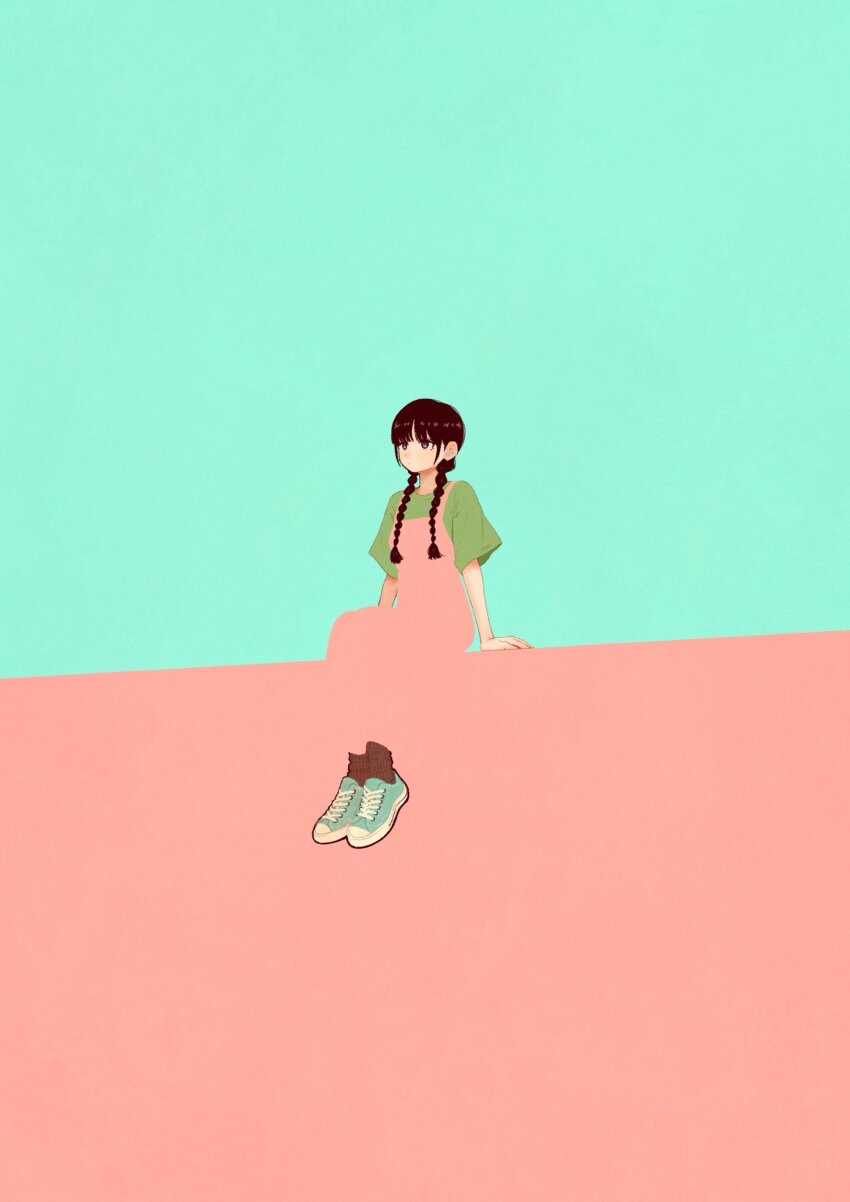 1girl aqua_background aqua_shoes black_hair blending braid dress expressionless green_shirt highres long_hair original pink_background pink_dress shirt shoes short_sleeves sitting socks solo syooooyoooo twin_braids two-tone_background wide_shot