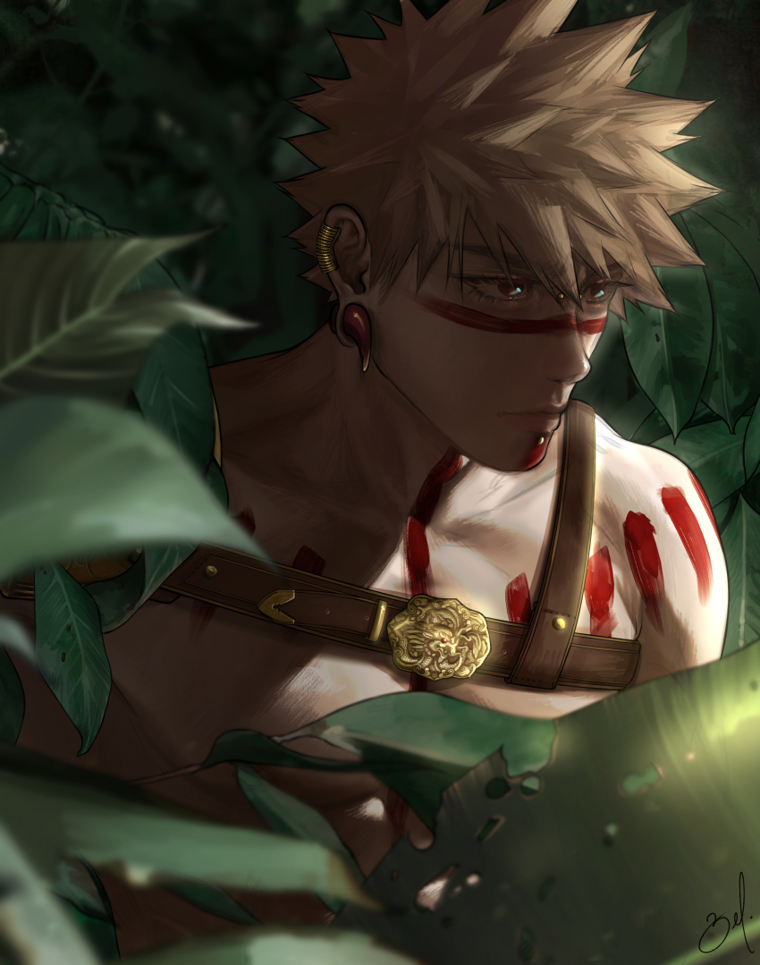 1boy absurdres alternate_costume bakugou_katsuki bel_(slbelen_) blonde_hair boku_no_hero_academia bridge_piercing chest_strap chest_tattoo closed_mouth collarbone ear_piercing earrings face_piercing facial_tattoo highres jewelry labret_piercing lips male_focus neck_tattoo nose pectorals piercing plant red_eyes red_tattoo short_hair shoulder_tattoo solo spiked_hair tattoo toned toned_male upper_body