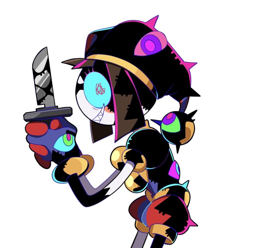 137syou 1girl aqua_sclera asymmetrical_gloves bad_end bags_under_eyes black_blood blood bloody_knife blue_gloves blunt_bangs blunt_ends blush_stickers brown_hair colored_sclera colored_skin corruption crazy_grin dark_persona evil_grin evil_smile extra_eyes gloves green_eyes green_sclera grin hat hat_bell holding holding_knife jester jester_cap jester_costume knife looking_at_viewer mismatched_gloves multicolored_hat ooze pink_pupils pink_sclera pomni_(the_amazing_digital_circus) profile puffy_short_sleeves puffy_sleeves purple_eyes red_gloves sharp_teeth short_hair short_sleeves sideways_glance slime_(substance) smile solo squiggle_eyes striped_clothes striped_headwear teeth the_amazing_digital_circus vertical-striped_bodysuit vertical-striped_clothes vertical-striped_headwear white_skin