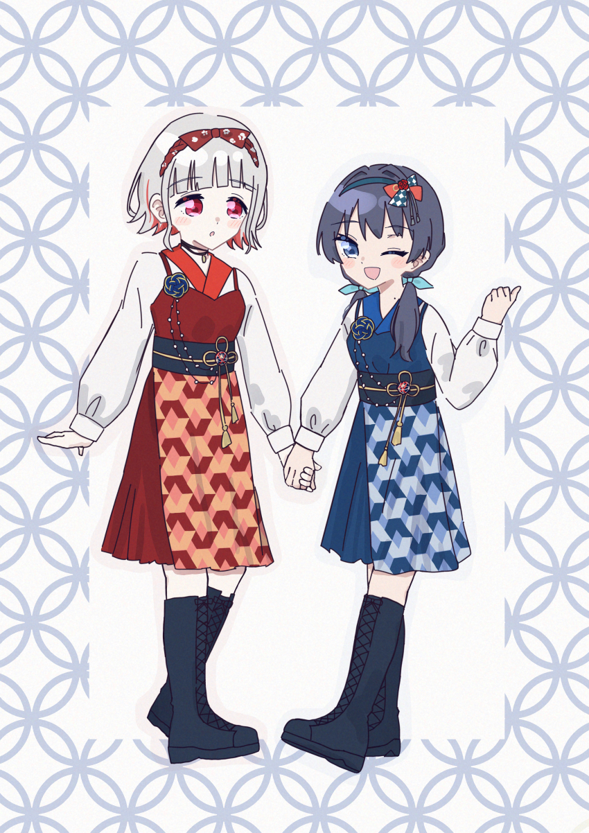 2girls :o ;d absurdres black_boots black_choker blue_dress blue_eyes blue_hair blue_hairband blush_stickers bob_cut boots bow bow_hairband choker colored_inner_hair commentary_request dress flipped_hair full_body grey_bow grey_hair hair_bow hairband highres holding_hands inverted_bob japanese_clothes kimono knee_boots lace-up_boots link!_like!_love_live! long_hair long_sleeves looking_at_viewer love_live! low_twintails magu_(cv_mgmgcup) mole mole_on_neck multicolored_hair multiple_girls murano_sayaka official_alternate_costume official_alternate_hairstyle one_eye_closed open_mouth outside_border parted_lips pinafore_dress puffy_long_sleeves puffy_sleeves red_dress red_eyes red_hair red_hairband short_hair sleeveless sleeveless_dress smile streaked_hair twintails virtual_youtuber white_background white_kimono yugiri_tsuzuri