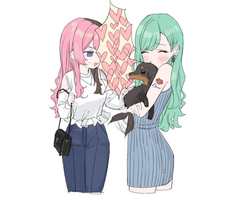 2girls animal animal_hug bag bare_shoulders blue_eyes blush brown_hair closed_eyes clothing_cutout commentary cowboy_shot cropped_legs dog dog_request dress earrings frilled_shirt frills green_hair hanada_ten heart high-waist_pants highres iris_black_games jewelry kiss kissing_animal long_hair long_sleeves multicolored_hair multiple_girls necklace open_mouth pants parted_bangs pink_hair ribbed_dress shirt shoulder_bag shoulder_cutout shoulder_tattoo simple_background sketch sleeveless sleeveless_sweater spiked_ear_piercing split-color_hair spoken_heart sweat sweater sweater_dress swept_bangs tachibana_hinano tail tail_wagging tattoo two-tone_hair virtual_youtuber vspo! white_background white_shirt yakumo_beni