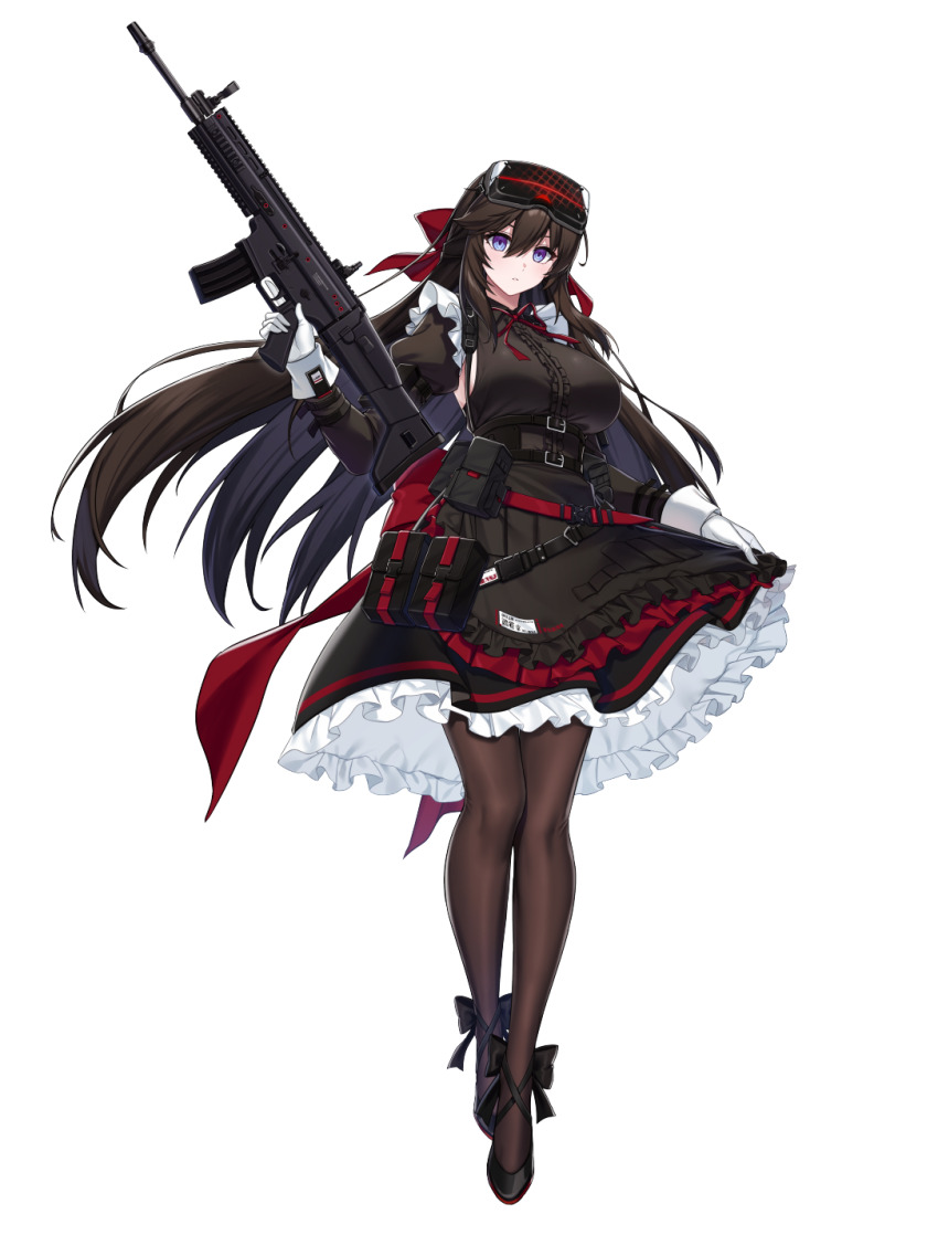 1girl alpha_transparency assault_rifle back_bow belt black_bow black_rose_(counter:side) black_shoes blue_eyes bow breasts brown_hair center_frills commentary counter:side english_commentary eyewear_on_head floating_hair fn_scar_16 footwear_bow frilled_skirt frills full_body gloves gun hair_between_eyes hair_bow head-mounted_display highres holding holding_gun holding_weapon juliet_sleeves large_breasts layered_skirt long_hair long_sleeves looking_at_viewer maid multiple_belts neck_ribbon official_art pantyhose parted_lips petticoat pouch puffy_sleeves red_bow red_ribbon ribbon rifle shoes simple_background skirt skirt_hold solo standing tachi-e tactical_maid transparent_background trigger_discipline unconventional_maid underbust very_long_hair weapon white_gloves