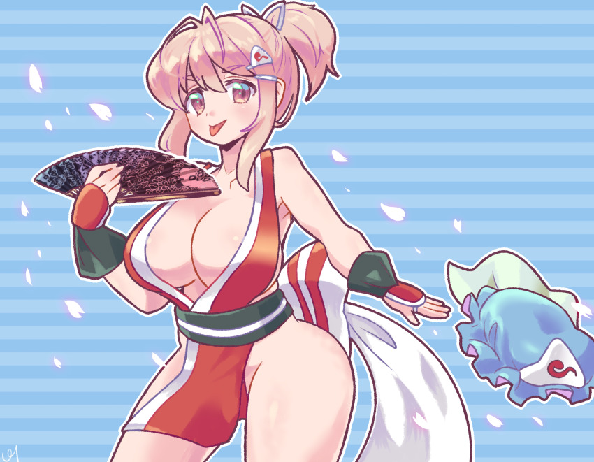 1girl ;p arm_guards bare_hips breasts cherry_blossoms commission commissioner_upload cosplay cowboy_shot fatal_fury folding_fan hand_fan hat high_ponytail highres holding holding_fan japanese_clothes kimono large_breasts looking_at_viewer mob_cap ninja one_eye_closed pelvic_curtain pink_eyes pink_hair pmx ponytail revealing_clothes saigyouji_yuyuko saigyouji_yuyuko&#039;s_fan_design shiranui_mai shiranui_mai_(cosplay) short_hair short_ponytail skeb_commission sleeveless sleeveless_kimono smile standing the_king_of_fighters thighs tongue tongue_out touhou underwear unworn_hat unworn_headwear wavy_hair