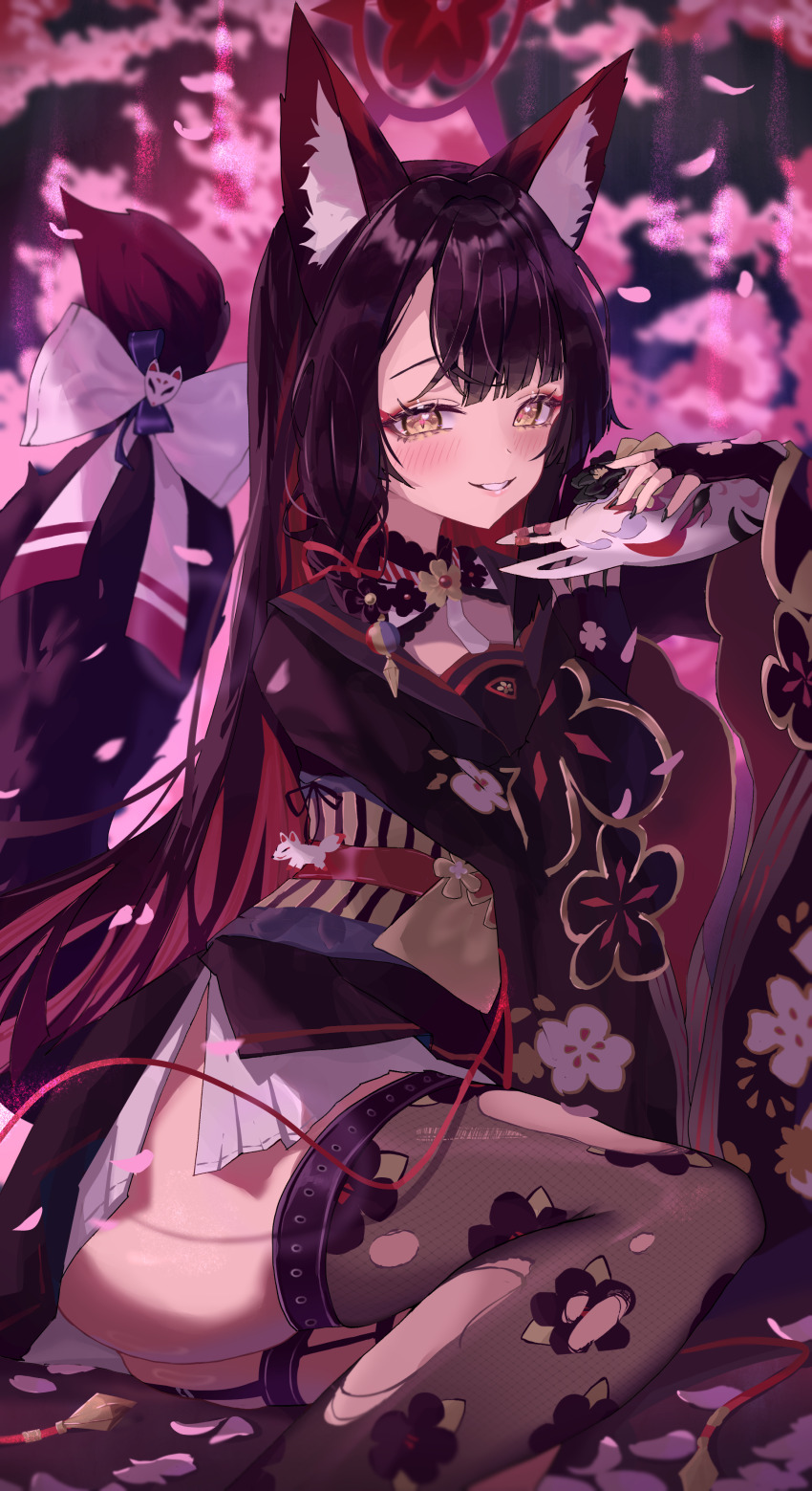 1girl absurdres animal_ear_fluff animal_ears black_gloves black_hair black_sailor_collar black_shirt black_thighhighs blue_archive commentary_request fingerless_gloves floral_print_sleeves fox_ears fox_girl fox_mask fox_tail gloves halo highres holding holding_mask long_hair long_sleeves looking_at_viewer mask nekoplanetouo obijime red_halo sailor_collar shirt single_thighhigh skirt smile solo tail thighhighs thighs torn_clothes torn_thighhighs wakamo_(blue_archive) white_skirt wide_sleeves yellow_eyes