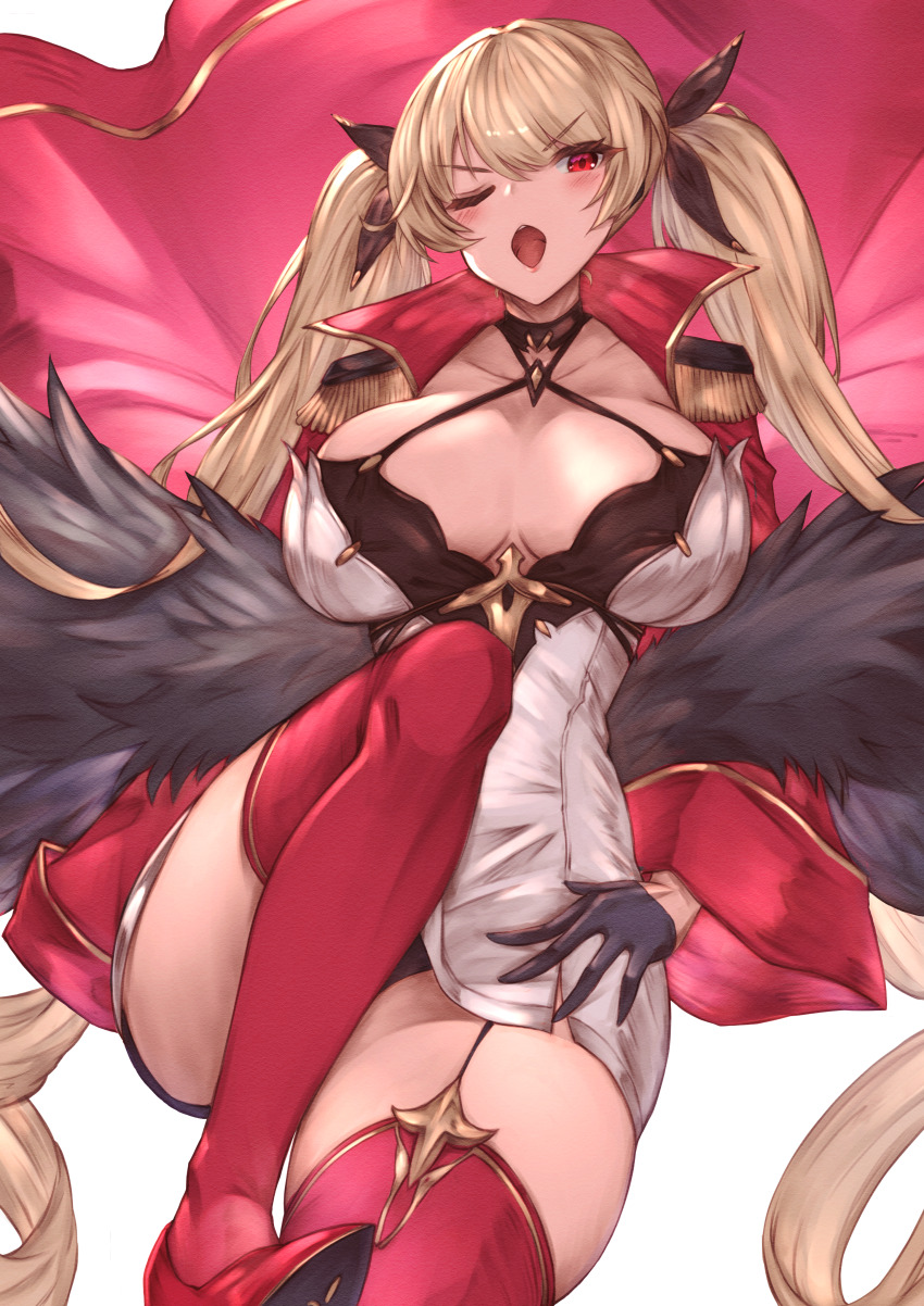 1girl absurdres azur_lane blonde_hair breasts cleavage coat commission dress epaulettes feather_boa gloves hair_ribbon half_gloves halterneck highres jacket large_breasts leg_up long_hair majinno microdress nelson_(azur_lane) nelson_(retrofit)_(azur_lane) one_eye_closed red_coat red_eyes red_jacket red_thighhighs retrofit_(azur_lane) ribbon skeb_commission thighhighs twintails very_long_hair