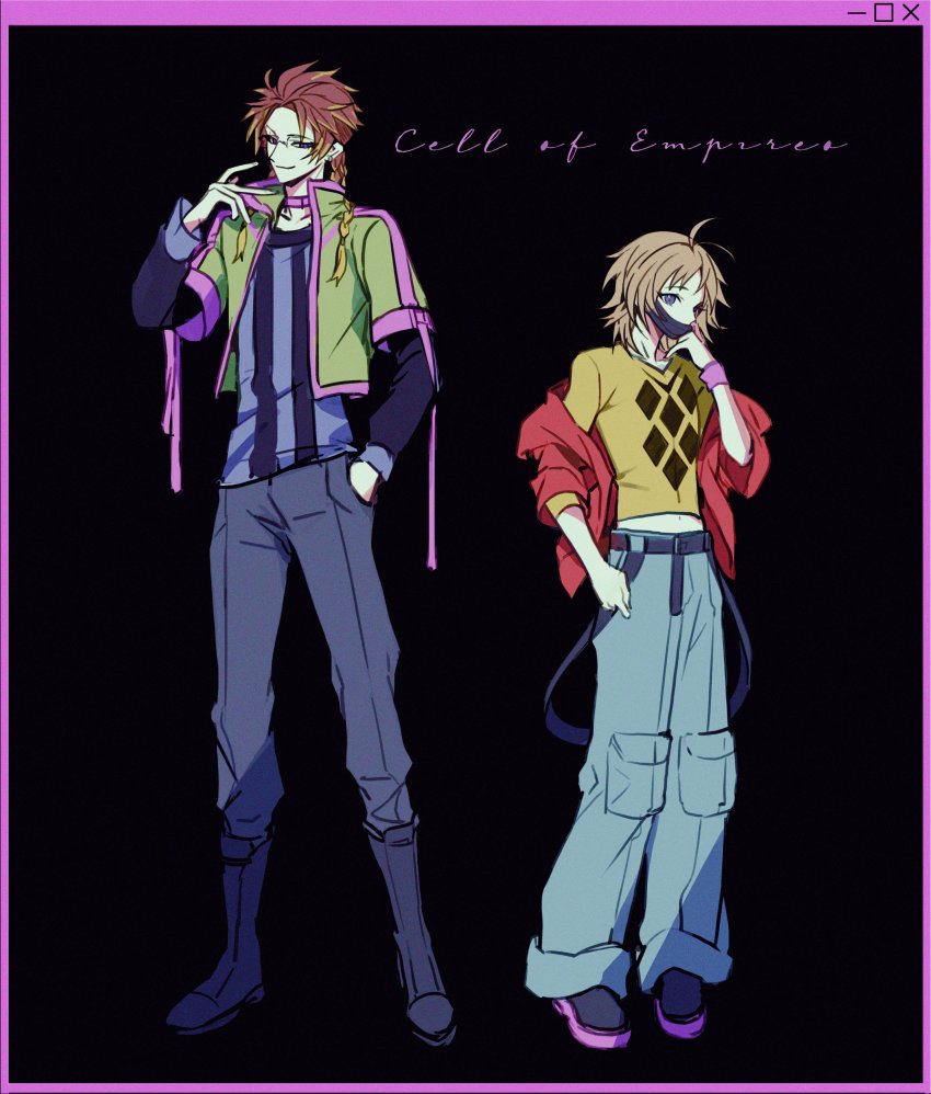 2boys absurdres belt blonde_hair blue_belt blue_pants blue_shirt boots braid choker closed_mouth copyright_name diamond_(shape) full_body glasses hajun_(hey_sangha) hand_up highres jacket korean_commentary light_brown_hair long_sleeves male_focus medium_hair miwa_teita multicolored_hair multicolored_jacket multiple_boys multiple_braids open_clothes open_jacket orie_rin pants pink_belt pink_choker pocket purple_eyes red_hair red_jacket saibou_shinkyoku shirt short_hair short_sleeves smile standing striped_clothes striped_shirt vertical-striped_clothes vertical-striped_shirt yellow_shirt