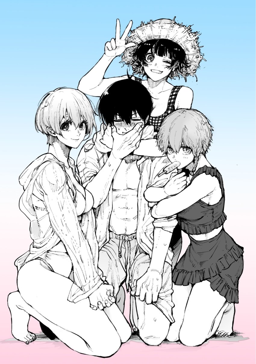 1boy bachira_meguru beach bikini blue_lock blush dahlimasu feminization genderswap highres isagi_yoichi kurona_ranze monochrome swimsuit trap you_hiori