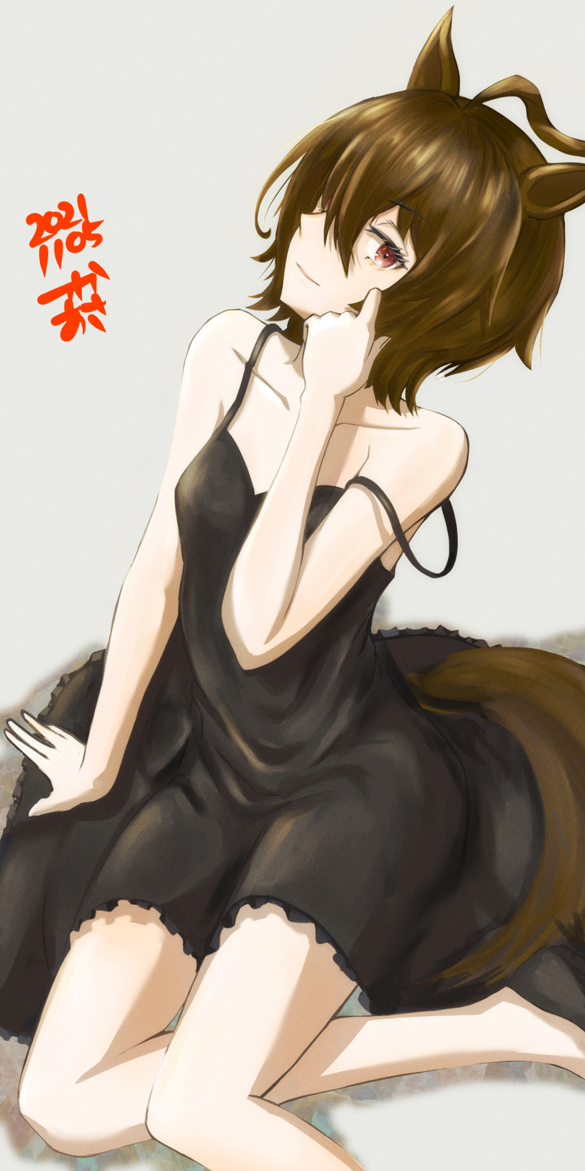 1girl absurdres agnes_tachyon_(racehorse) ahoge animal_ears bare_shoulders black_dress black_shoes breasts brown_eyes brown_hair closed_mouth collarbone dated dress hair_between_eyes hand_up highres horse_ears horse_girl looking_at_viewer shoes short_hair simple_background sitting sleeveless sleeveless_dress solo strap_slip tsukaasa umamusume white_background yokozuwari