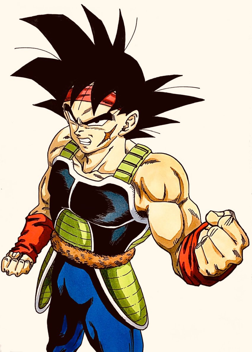 1boy armor bardock bare_shoulders black_eyes black_hair clenched_hands clenched_teeth collarbone dragon_ball dragonball_z facial_scar headband highres lee_(dragon_garou) looking_at_viewer male_focus marker_(medium) matching_hair/eyes monkey_tail muscular muscular_male red_headband saiyan scar scar_on_cheek scar_on_face solo standing tail teeth toriyama_akira_(style) traditional_media wristband