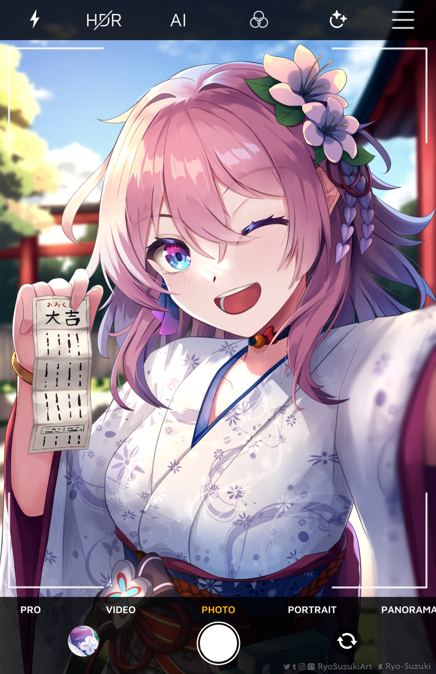 1girl absurdres alternate_costume artist_name black_choker blue_eyes blurry blurry_background breasts choker deviantart_logo earrings english_text fake_phone_screenshot fake_screenshot flower hair_flower hair_ornament hands_up hatsumoude highres honkai:_star_rail honkai_(series) instagram_logo japanese_clothes jewelry kimono light_blush looking_at_viewer march_7th_(honkai:_star_rail) medium_breasts medium_hair mixed-language_commentary multicolored_eyes new_year omikuji one_eye_closed open_mouth pink_eyes pink_hair pixiv_logo ryo-suzuki selfie single_earring smile solo sublime torii translated twitter_logo two-tone_eyes