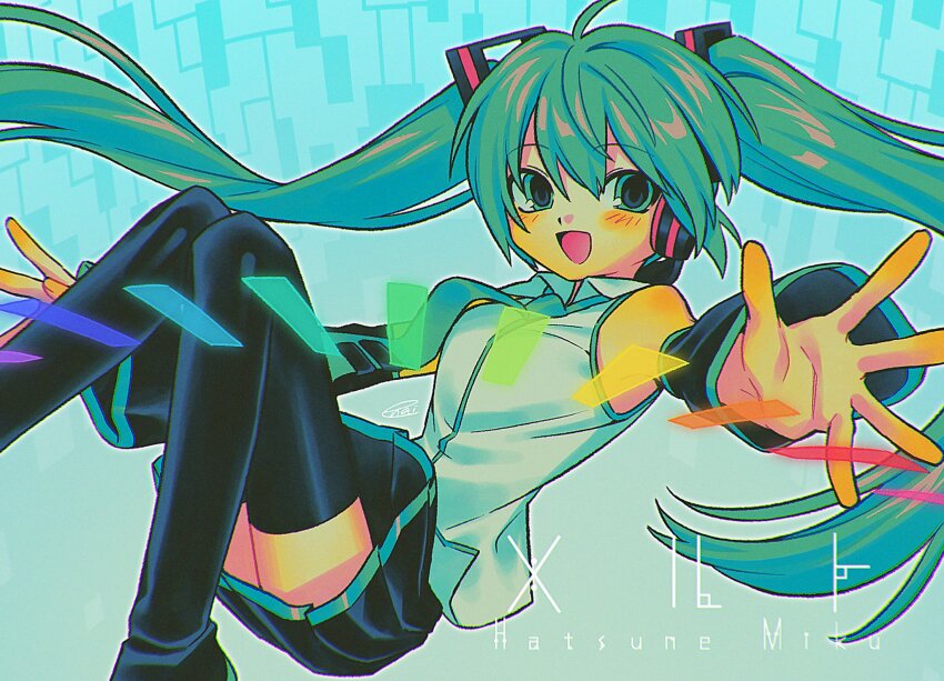 1girl ahoge bare_shoulders black_boots black_skirt black_sleeves blue_background boots breasts character_name detached_sleeves feet_out_of_frame green_eyes green_hair green_necktie hair_ornament hatsune_miku highres long_hair long_sleeves looking_at_viewer melt_(vocaloid) menma_(enaic31) miniskirt necktie open_mouth pleated_skirt shirt skirt sleeveless sleeveless_shirt small_breasts smile solo song_name thigh_boots thighhighs twintails very_long_hair vocaloid zettai_ryouiki