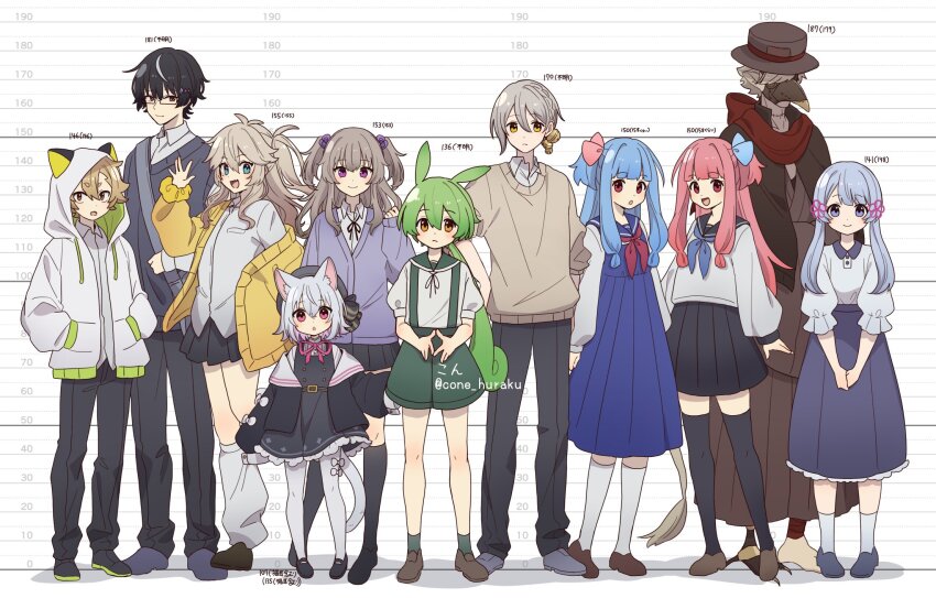 animal_ears bell black_hair black_jacket black_pants black_skirt black_socks black_sweater blouse blue_dress blue_hair blue_skirt brown_cardigan brown_hair brown_sweater cardigan cat_ears cat_tail character_request closed_mouth coefont corn_kuten dress green_hair green_shorts grey_hair hair_ribbon hands_in_pockets height_chart highres hood hoodie iori_yuzuru jacket jingle_bell kasukabe_tsumugi kotonoha_akane kotonoha_aoi leg_warmers long_sleeves looking_at_viewer neck_ribbon open_mouth pants pink_eyes pink_ribbon plague_doctor_mask pointy_ears purple_cardigan red_scarf ribbon sailor_dress sayo_(voicevox) scarf school_uniform serafuku shirt shorts skirt smile socks sweater tail urone_if utau virtual_youtuber voiceroid voicevox white_hoodie white_shirt yellow_cardigan yellow_eyes zundamon
