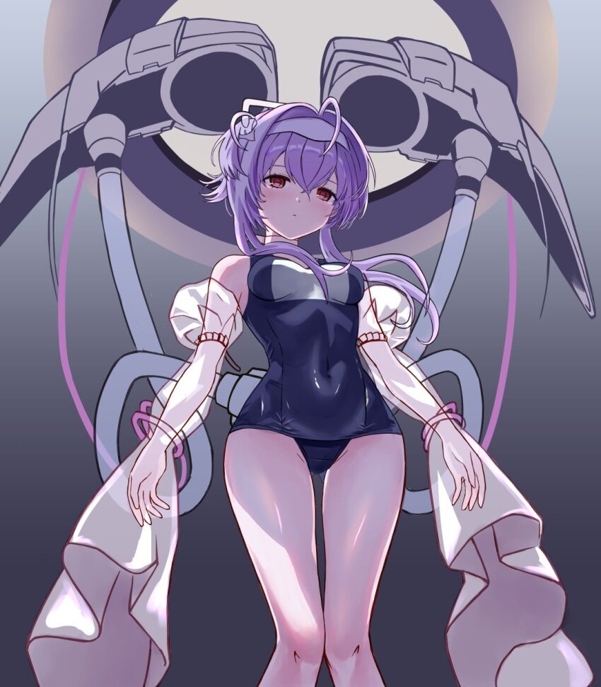 1girl blue_one-piece_swimsuit breasts covered_navel detached_sleeves frilled_skirt frills goddess_of_victory:_nikke headband highleg highleg_leotard highres leotard liberalio_(nikke) lunati_nikke medium_breasts one-piece_swimsuit pantyhose purple_hair red_eyes short_hair skirt solo swimsuit tube very_long_sleeves white_pantyhose white_skirt