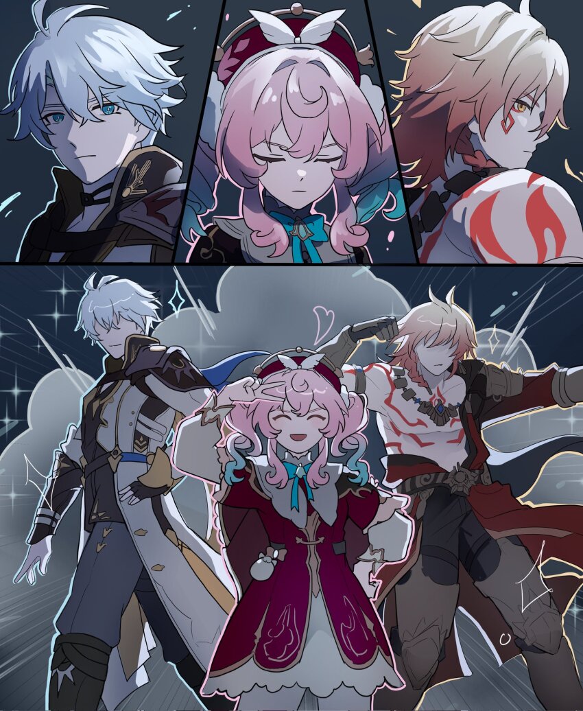1girl 2boys aqua_hair bad_tag blade_owo7 blue_eyes closed_eyes closed_mouth cowboy_shot dress grey_hair highres honkai:_star_rail honkai_(series) hyacine_(honkai:_star_rail) multicolored_hair multiple_boys mydei_(honkai:_star_rail) open_mouth orange_eyes orange_hair phainon_(honkai:_star_rail) pink_hair red_dress red_tattoo smile standing twintails two-tone_hair upper_body v