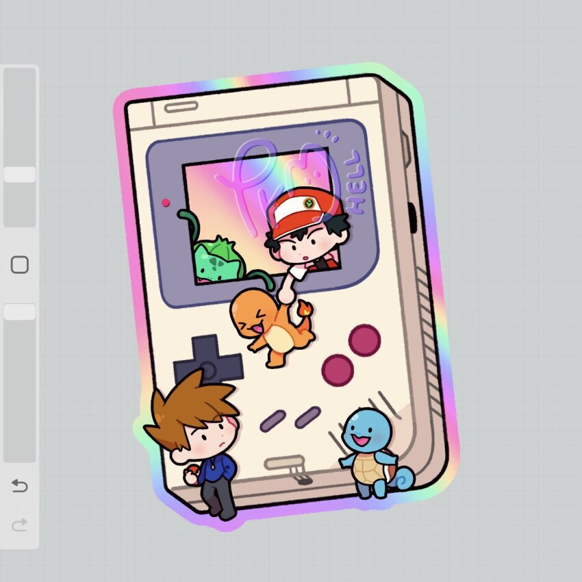 &gt;_&lt; 2boys :d art_program_in_frame baseball_cap black_hair blue_oak brown_hair bulbasaur charmander chibi chibi_only commentary english_commentary fang fiery_tail fire flame-tipped_tail game_boy gen_1_pokemon grey_background hand_in_pocket handheld_game_console hat highres holding holding_poke_ball male_focus multiple_boys nintendo open_mouth plant poke_ball poke_ball_(basic) pokemon pokemon_(creature) pokemon_rgby red_(pokemon) shell short_hair smile solid_oval_eyes squirtle starter_pokemon_trio submashell tail vines