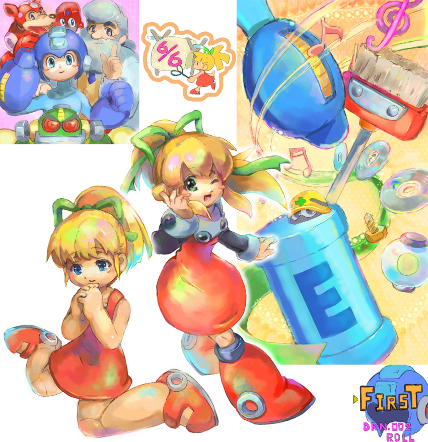1girl android arm_cannon auto_(mega_man) blonde_hair blue_eyes blush boots broom capcom character_name commentary_request dinef doll_joints dr._light_(mega_man) dress eddie_(mega_man) flat_chest green_eyes green_ribbon hair_ribbon highres joints knee_boots long_hair looking_at_viewer mega_man_(character) mega_man_(classic) mega_man_(series) multiple_boys non-humanoid_robot open_mouth ponytail red_dress red_footwear red_skirt ribbon robot robot_animal roll_(mega_man) rush_(mega_man) skirt smile undershirt weapon