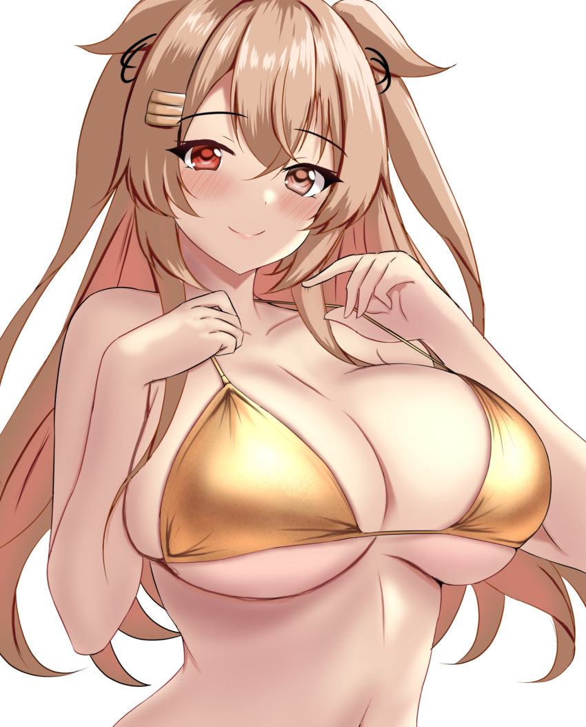 1girl bikini blush breasts brown_eyes gold_bikini hair_between_eyes hair_flaps hair_ornament hair_ribbon hairclip heterochromia highres kantai_collection large_breasts long_hair looking_at_viewer montemasa murasame_(kancolle) murasame_kai_ni_(kancolle) navel red_eyes ribbon satin_bikini shiny_swimsuit shirt smile solo swimsuit two_side_up upper_body white_shirt