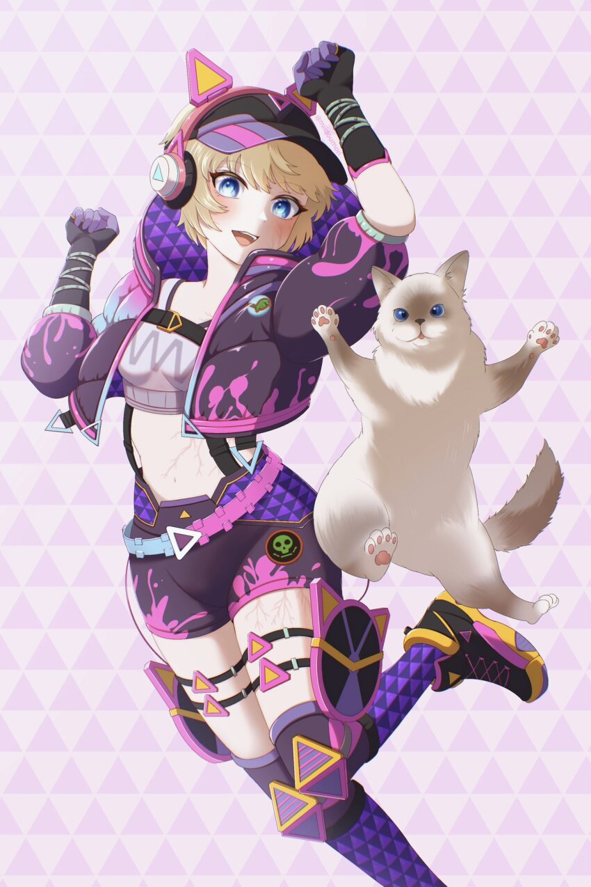 1girl animal_ear_headphones animal_ears animification apex_legends belt black_gloves black_hat black_jacket black_shoes black_thighhighs blonde_hair blue_belt blue_eyes blush cat cat_ear_headphones cropped_jacket elbow_gloves facial_scar fake_animal_ears gloves hat headphones highres hood hood_down hooded_jacket jacket kawaii_kitty_wattson looking_at_viewer midriff milmil7 navel nikola_(apex_legends) purple_belt scar scar_on_cheek scar_on_face scar_on_stomach shoes short_hair smile sneakers solo thighhighs two-tone_belt visor_cap wattson_(apex_legends)