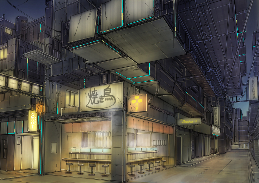 building cityscape commentary food lamp meiz no_humans original painting_(medium) restaurant road sign street traditional_media watercolor_(medium) yakitori