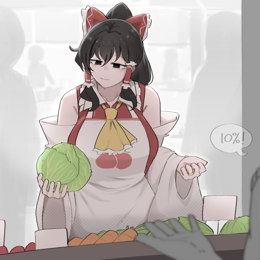 1girl 5others absurdres aged_up alternate_hairstyle apron ascot bag bow breasts cabbage carrot closed_mouth commentary detached_sleeves english_commentary food food_print frilled_bow frilled_hair_tubes frills hair_bow hair_tubes hakurei_reimu highres holding holding_food holding_vegetable jewelry large_breasts light_smile long_hair mata_(matasoup) multiple_others ponytail red_bow ring shopping speech_bubble touhou vegetable white_apron yellow_ascot