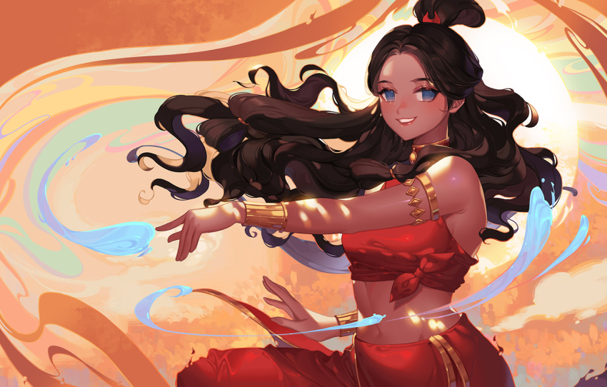 1girl armlet avatar:_the_last_airbender avatar_legends blue_eyes bracelet brown_hair dark-skinned_female dark_skin element_bending female_focus hair_bun hydrokinesis jewelry katara long_hair looking_at_viewer midriff navel orange_sekaii single_hair_bun sleeveless smile solo water