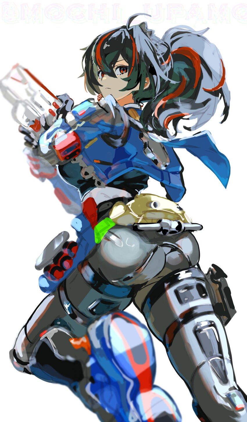 1girl absurdres ass black_gloves black_hair black_pants blue_jacket blue_shoes breasts closed_mouth commentary foreshortening from_behind gloves gun handlebar high-waist_pants highres holding holding_gun holding_weapon jacket knee_up large_breasts looking_at_viewer looking_back metal_hairband mochi_upamo multicolored_hair pants police police_uniform policewoman ponytail red_eyes red_hair shoes simple_background solo streaked_hair tight_clothes tight_pants weapon white_background zenless_zone_zero zhu_yuan