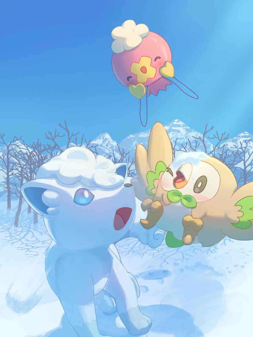 :d alolan_form alolan_vulpix bare_tree blush clear_sky commentary_request day drifloon gen_4_pokemon gen_7_pokemon happy highres mokukitusui nintendo no_humans one_eye_closed open_mouth outdoors pokemon pokemon_(creature) rowlet sky smile snow tongue tree