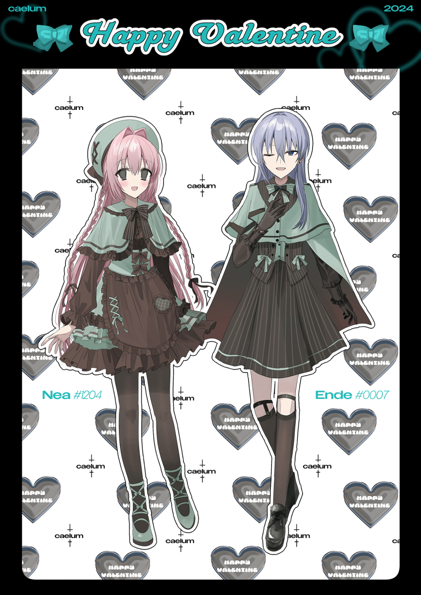 2girls :d ;d apron beret black_border black_footwear black_jacket black_pantyhose black_skirt blue_eyes blush border bow braid brown_apron brown_bow brown_shirt brown_socks cape capelet center_frills chihuri commentary_request dress ende_(chihuri) frilled_apron frilled_capelet frilled_dress frills green_cape green_capelet green_dress green_footwear green_headwear grey_hair hair_between_eyes hair_bow hair_intakes happy_valentine hat highres jacket kneehighs long_hair multiple_girls nea_(chihuri) one_eye_closed open_mouth original pantyhose pink_hair purple_eyes shirt shoes skirt smile socks striped_clothes striped_jacket striped_skirt twin_braids vertical-striped_clothes vertical-striped_jacket vertical-striped_skirt very_long_hair white_background